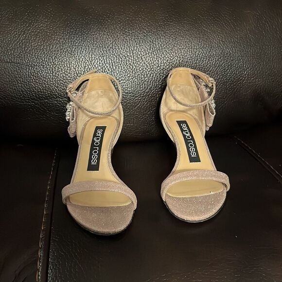 SALE!!! Sergio Rossi Glitterama Blush Pink Gem Logo Strappy Kitten Heel - Picture 2 of 8